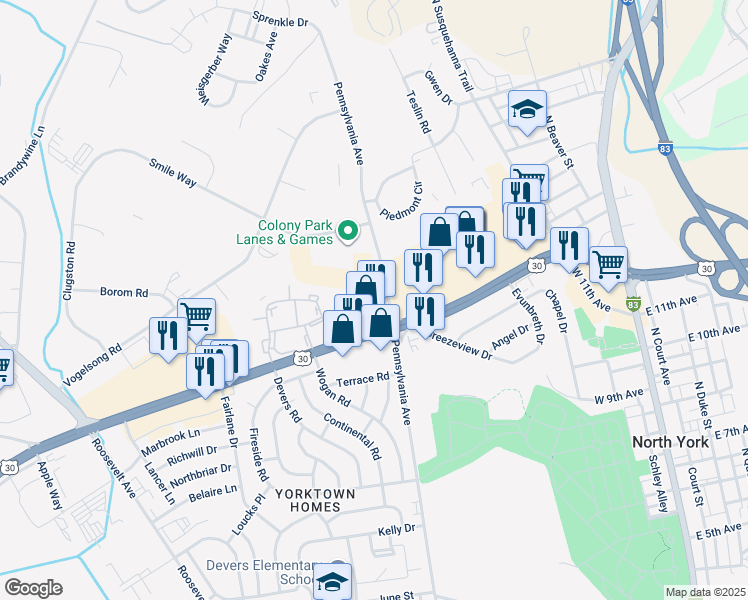 map of restaurants, bars, coffee shops, grocery stores, and more near 613 Colony Drive in York