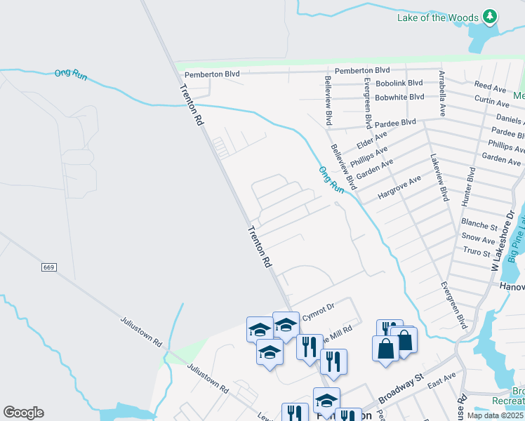 map of restaurants, bars, coffee shops, grocery stores, and more near Chicks Way in Pemberton Township