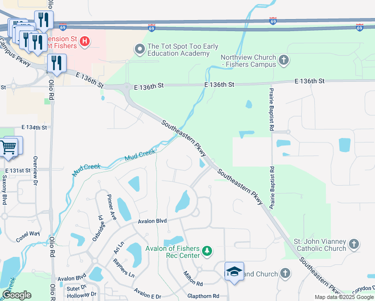 map of restaurants, bars, coffee shops, grocery stores, and more near 14379 Pendragon Way in Fishers