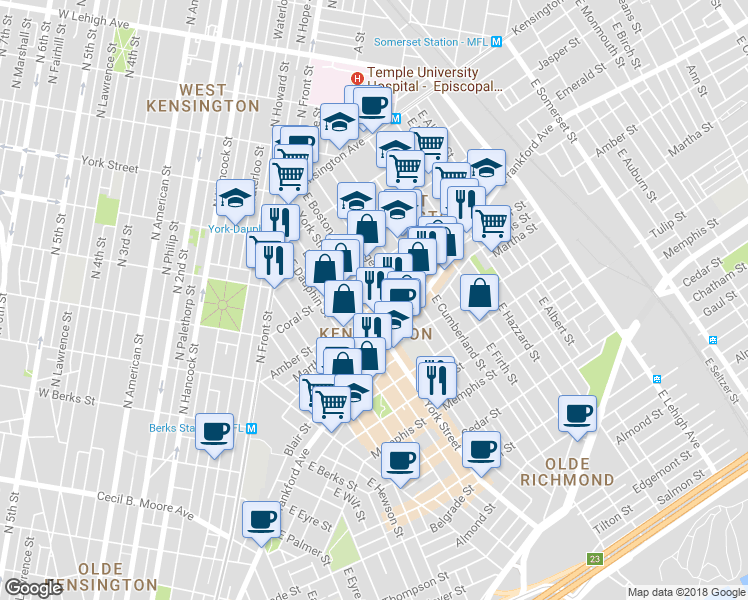 map of restaurants, bars, coffee shops, grocery stores, and more near 2418 Amber Street in Philadelphia