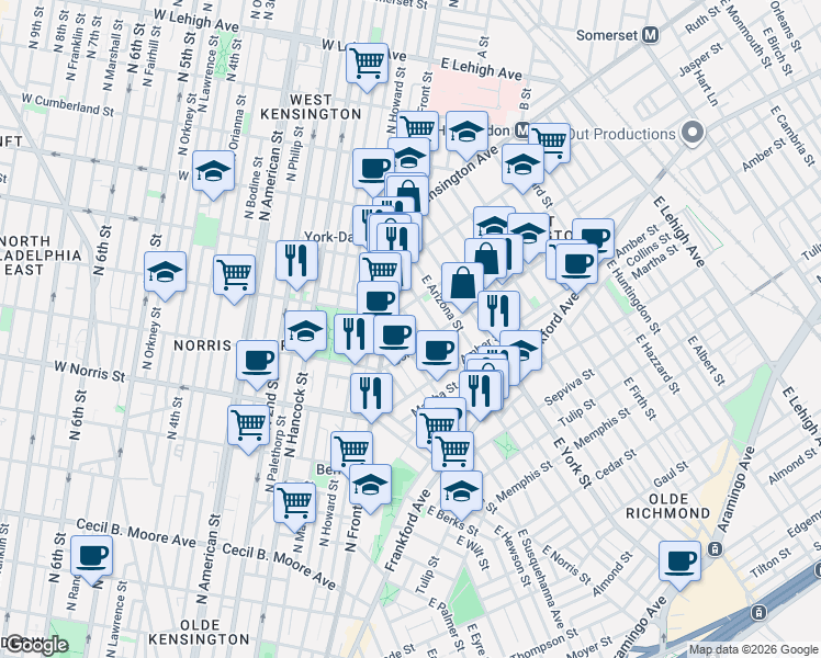 map of restaurants, bars, coffee shops, grocery stores, and more near in Philadelphia