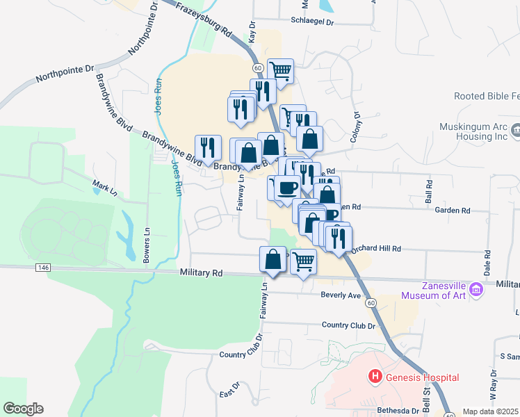 map of restaurants, bars, coffee shops, grocery stores, and more near 3356 Meadowood Drive in Zanesville