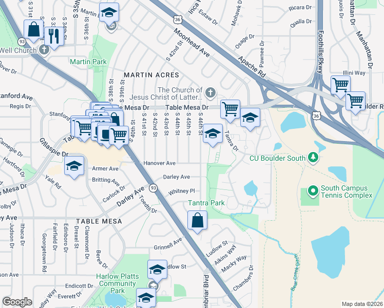 map of restaurants, bars, coffee shops, grocery stores, and more near 755 South 45th Street in Boulder