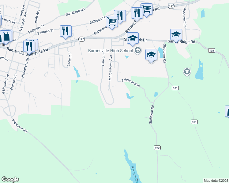 map of restaurants, bars, coffee shops, grocery stores, and more near 501 Morgantown Avenue in Barnesville