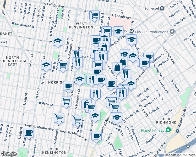 map of restaurants, bars, coffee shops, grocery stores, and more near 2121 North Howard Street in Philadelphia