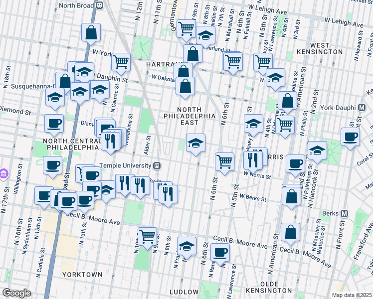 map of restaurants, bars, coffee shops, grocery stores, and more near 2039 North 8th Street in Philadelphia