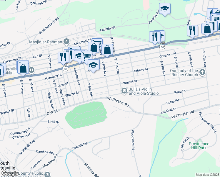 map of restaurants, bars, coffee shops, grocery stores, and more near 1004 Walnut Street in Coatesville