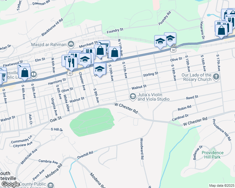 map of restaurants, bars, coffee shops, grocery stores, and more near 1004 Walnut Street in Coatesville