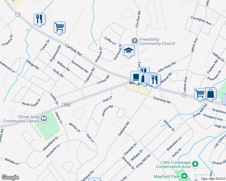 map of restaurants, bars, coffee shops, grocery stores, and more near 3034 Jodi Lane in Dover