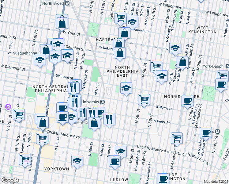 map of restaurants, bars, coffee shops, grocery stores, and more near 2030 North Darien Street in Philadelphia