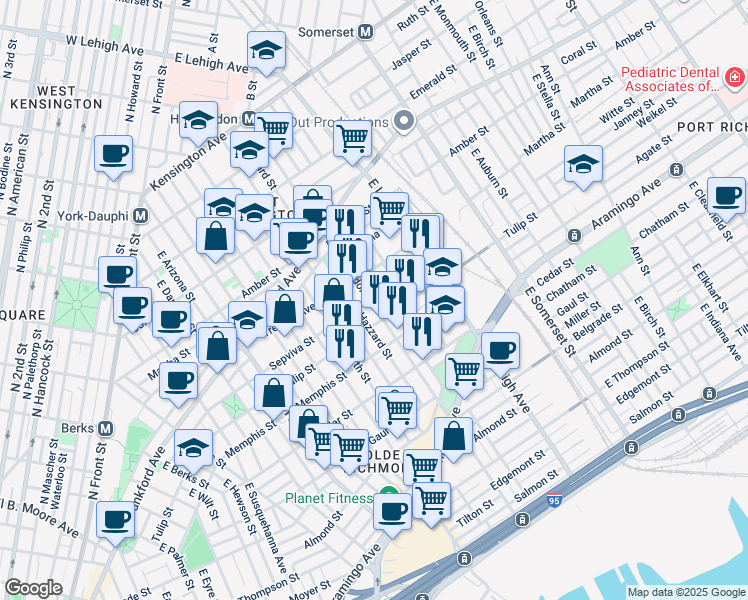 map of restaurants, bars, coffee shops, grocery stores, and more near 2201 East Huntingdon Street in Philadelphia