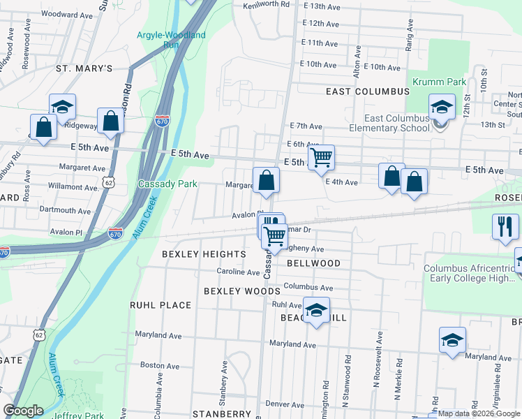 map of restaurants, bars, coffee shops, grocery stores, and more near 2665 Avalon Place in Columbus