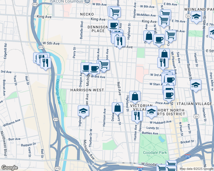 map of restaurants, bars, coffee shops, grocery stores, and more near 339 Tappan Street in Columbus