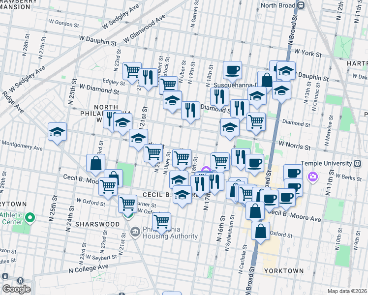 map of restaurants, bars, coffee shops, grocery stores, and more near 1819 West Berks Street in Philadelphia