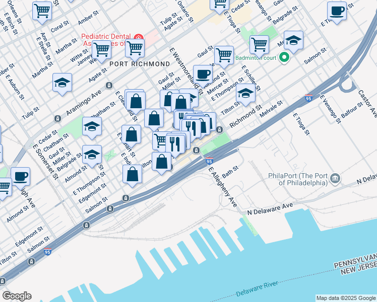 map of restaurants, bars, coffee shops, grocery stores, and more near 3166 Richmond Street in Philadelphia