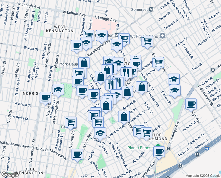 map of restaurants, bars, coffee shops, grocery stores, and more near 2418 Amber Street in Philadelphia