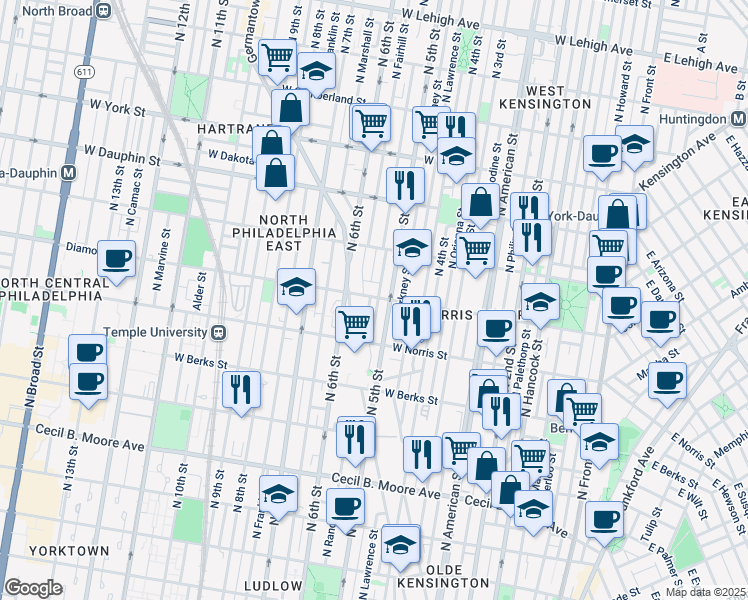 map of restaurants, bars, coffee shops, grocery stores, and more near 2055 North Randolph Street in Philadelphia