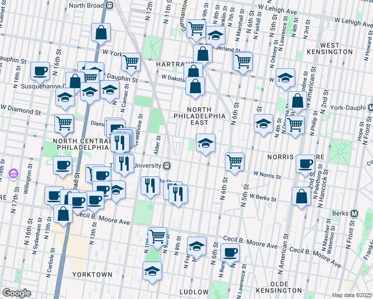 map of restaurants, bars, coffee shops, grocery stores, and more near 2030 North Darien Street in Philadelphia