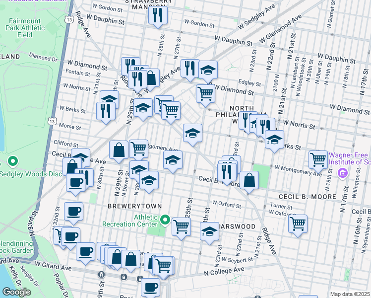 map of restaurants, bars, coffee shops, grocery stores, and more near 2535 West Montgomery Avenue in Philadelphia