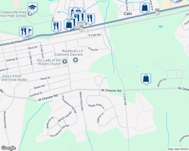 map of restaurants, bars, coffee shops, grocery stores, and more near 137 North Sidesaddle Lane in Coatesville