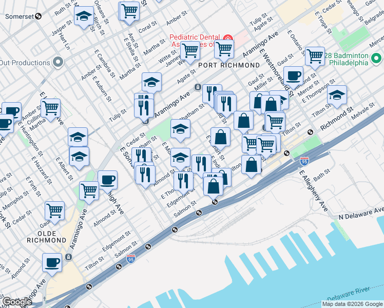 map of restaurants, bars, coffee shops, grocery stores, and more near 2600 Ann Street in Philadelphia