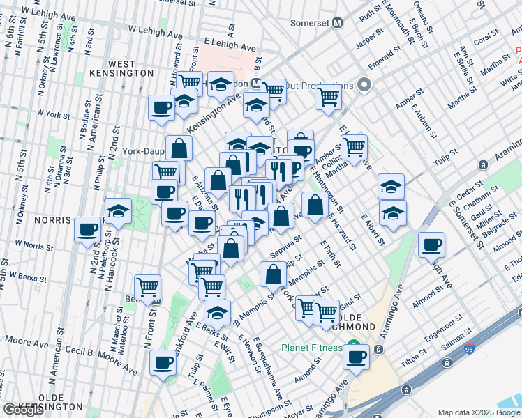 map of restaurants, bars, coffee shops, grocery stores, and more near 2113 East Hagert Street in Philadelphia
