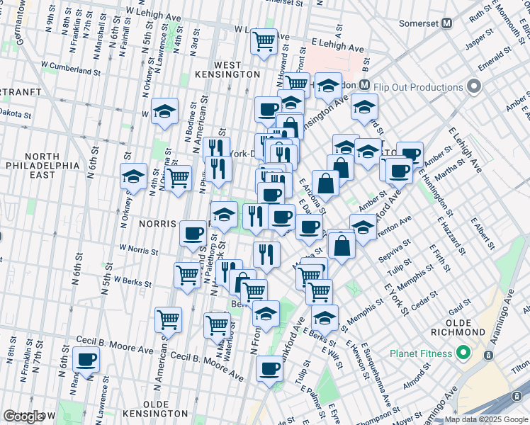 map of restaurants, bars, coffee shops, grocery stores, and more near 2140 Hope Street in Philadelphia