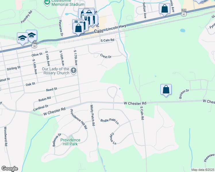 map of restaurants, bars, coffee shops, grocery stores, and more near 137 North Sidesaddle Lane in Coatesville
