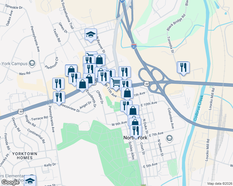 map of restaurants, bars, coffee shops, grocery stores, and more near 44-98 W 11th Ave in York