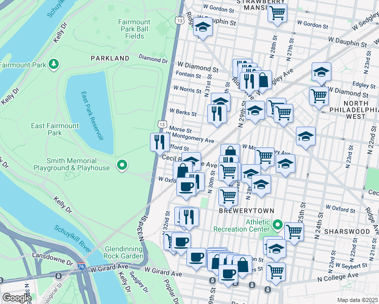 map of restaurants, bars, coffee shops, grocery stores, and more near 3123 Cecil B. Moore Avenue in Philadelphia