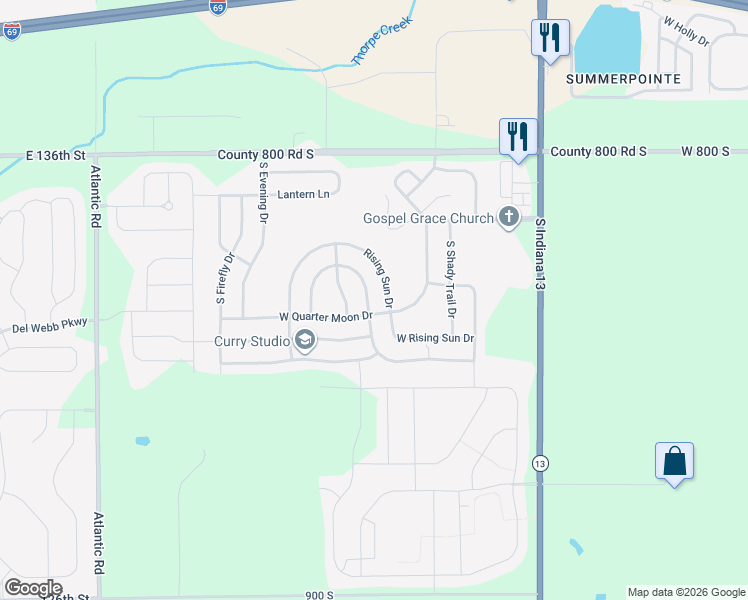 map of restaurants, bars, coffee shops, grocery stores, and more near 8377 South Swimming Hole Lane in Pendleton