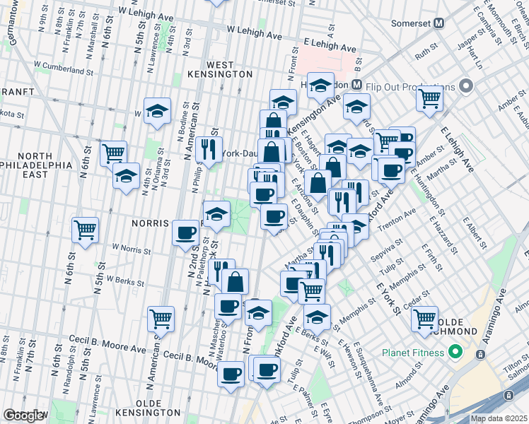 map of restaurants, bars, coffee shops, grocery stores, and more near 2146 North Front Street in Philadelphia