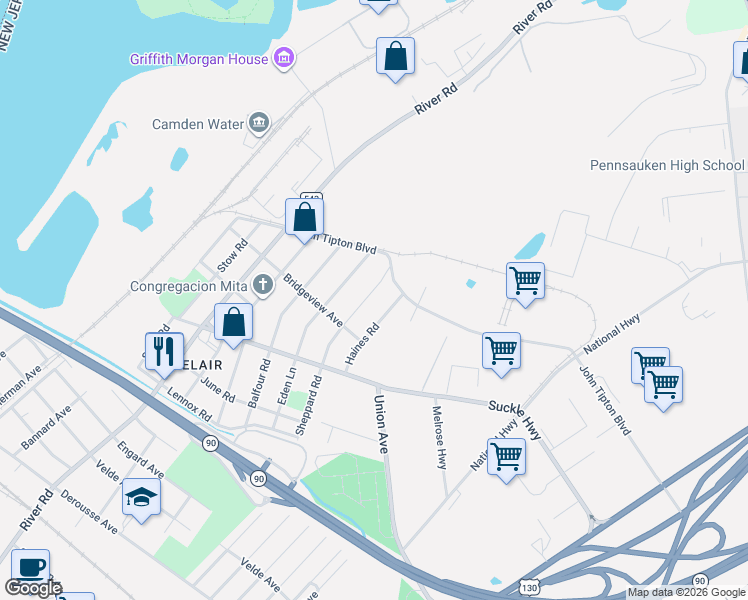 map of restaurants, bars, coffee shops, grocery stores, and more near 8428 Sheppard Road in Pennsauken Township