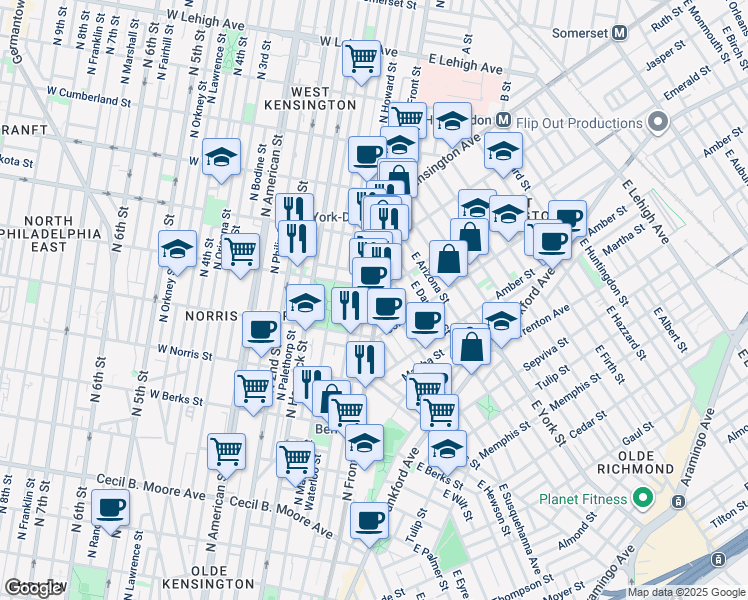 map of restaurants, bars, coffee shops, grocery stores, and more near 2146 North Front Street in Philadelphia