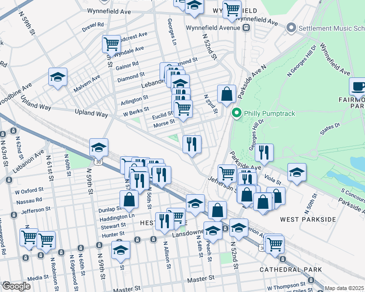 map of restaurants, bars, coffee shops, grocery stores, and more near 1808 North 54th Street in Philadelphia