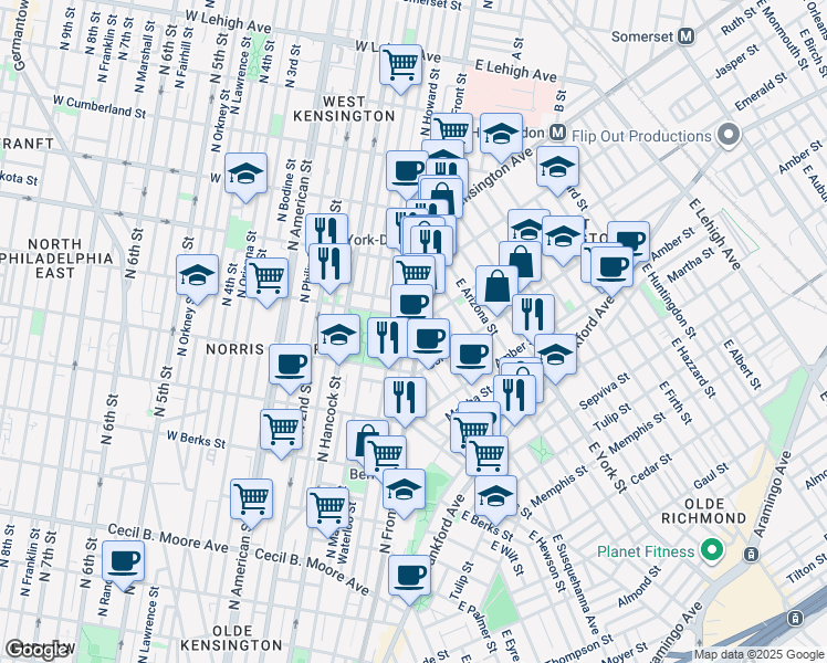 map of restaurants, bars, coffee shops, grocery stores, and more near 2121 North Howard Street in Philadelphia