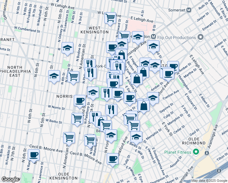 map of restaurants, bars, coffee shops, grocery stores, and more near 2121 North Howard Street in Philadelphia