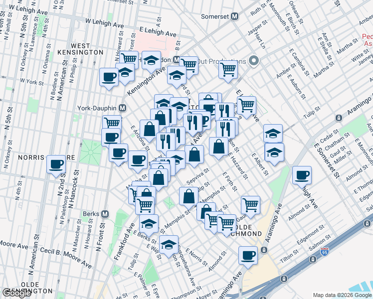 map of restaurants, bars, coffee shops, grocery stores, and more near 2133 East Letterly Street in Philadelphia