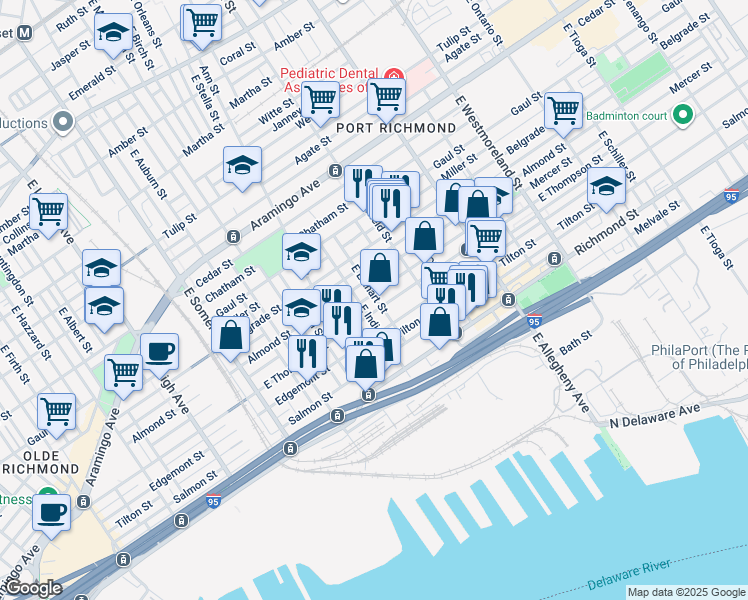map of restaurants, bars, coffee shops, grocery stores, and more near 3013 Mercer Street in Philadelphia