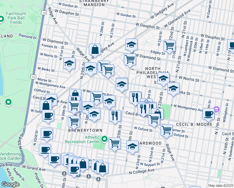 map of restaurants, bars, coffee shops, grocery stores, and more near 2537 West Montgomery Avenue in Philadelphia