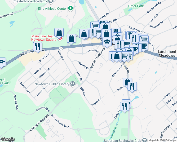 map of restaurants, bars, coffee shops, grocery stores, and more near 119 Bishop Hollow Road in Newtown Square