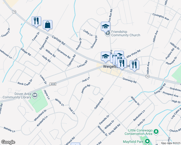 map of restaurants, bars, coffee shops, grocery stores, and more near 3034 Jodi Lane in Dover