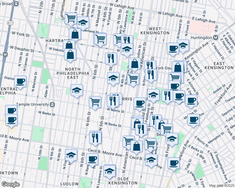 map of restaurants, bars, coffee shops, grocery stores, and more near 2109 North Leithgow Street in Philadelphia