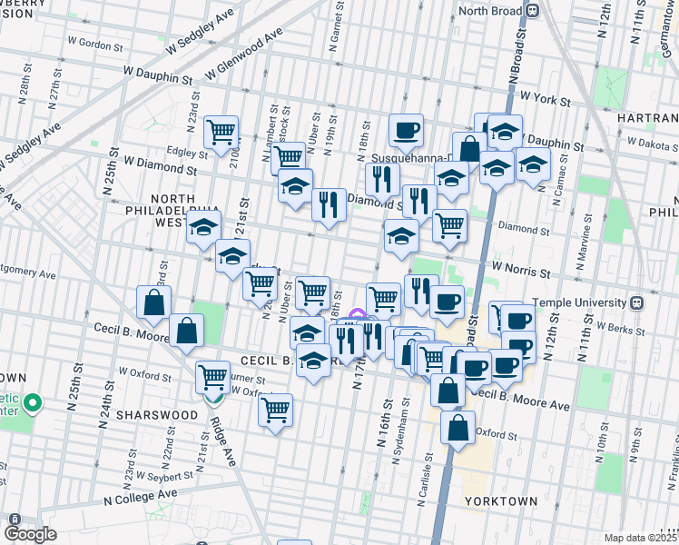 map of restaurants, bars, coffee shops, grocery stores, and more near 1849 North 18th Street in Philadelphia