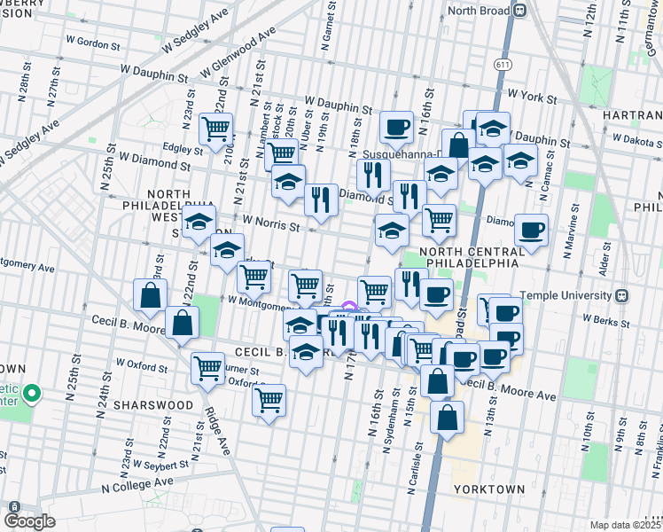 map of restaurants, bars, coffee shops, grocery stores, and more near 1910 North 18th Street in Philadelphia
