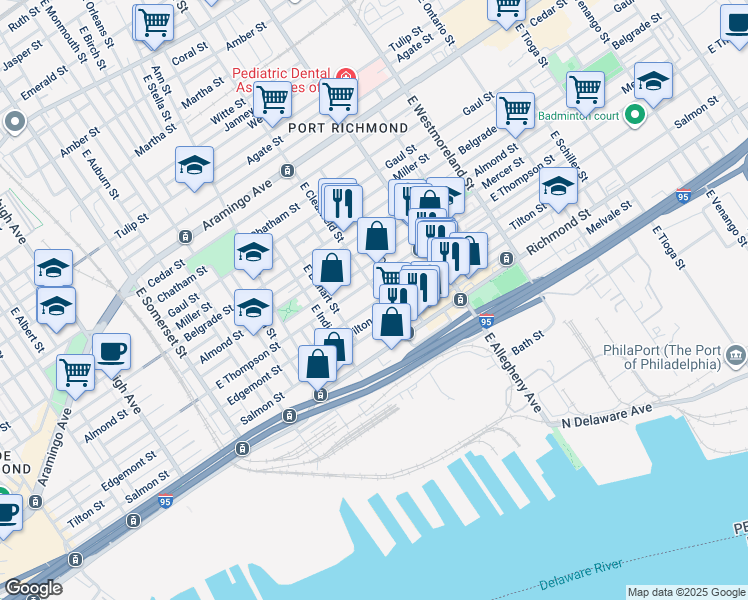 map of restaurants, bars, coffee shops, grocery stores, and more near 2658 East Clearfield Street in Philadelphia