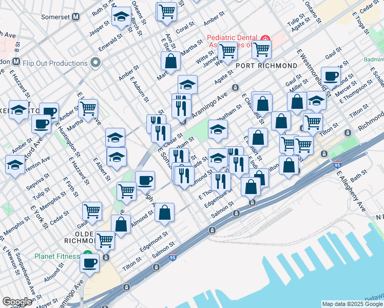 map of restaurants, bars, coffee shops, grocery stores, and more near 2506 East Cambria Street in Philadelphia