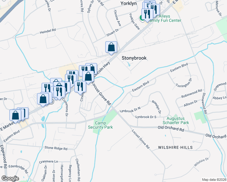 map of restaurants, bars, coffee shops, grocery stores, and more near 123 Locust Grove Road in York