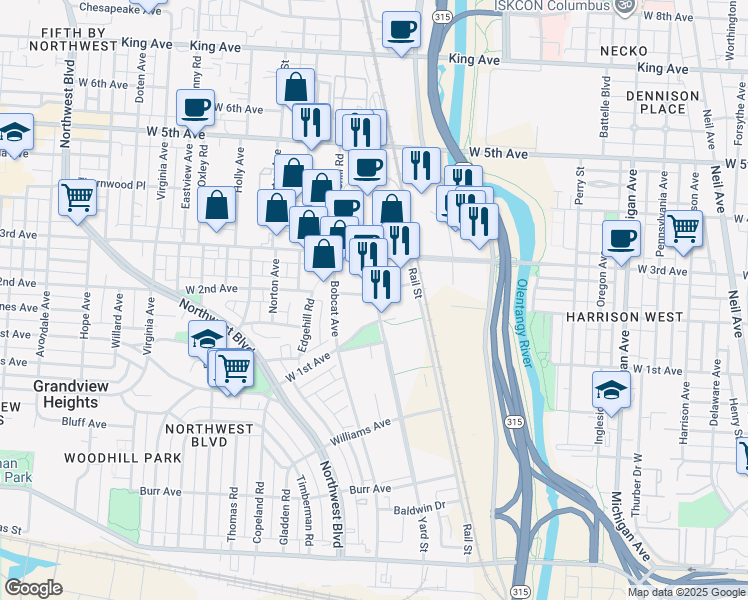 map of restaurants, bars, coffee shops, grocery stores, and more near 1080 Yard Street in Grandview Heights