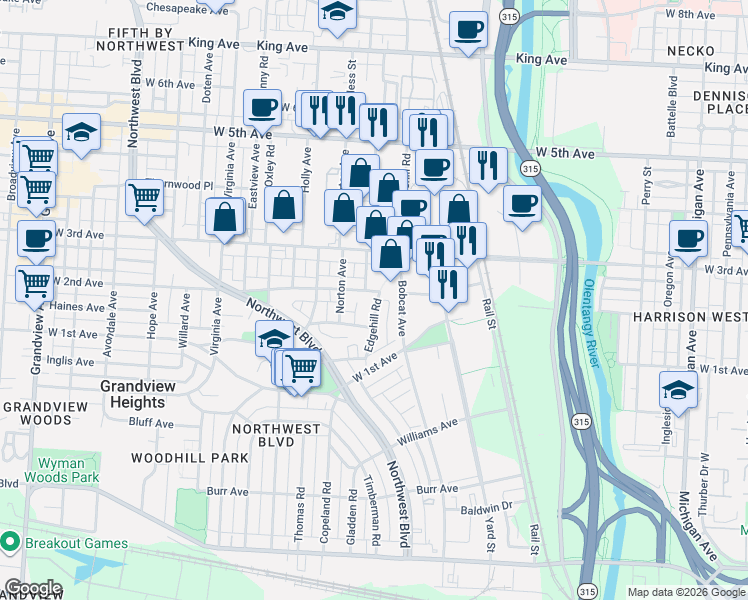 map of restaurants, bars, coffee shops, grocery stores, and more near 1165 Edgehill Road in Columbus